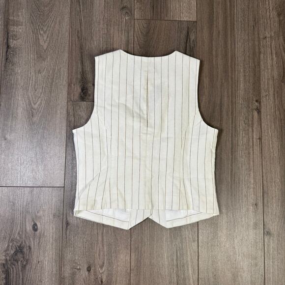 J.Crew Button Front Linen Blend Vest Womens 4 White Brown Pinstripes CI314 Lined - Picture 6 of 8